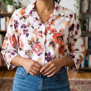 ALIA Vintage inspired Watercolor Floral Button Up Blouse - 100% Cotton Eyelet